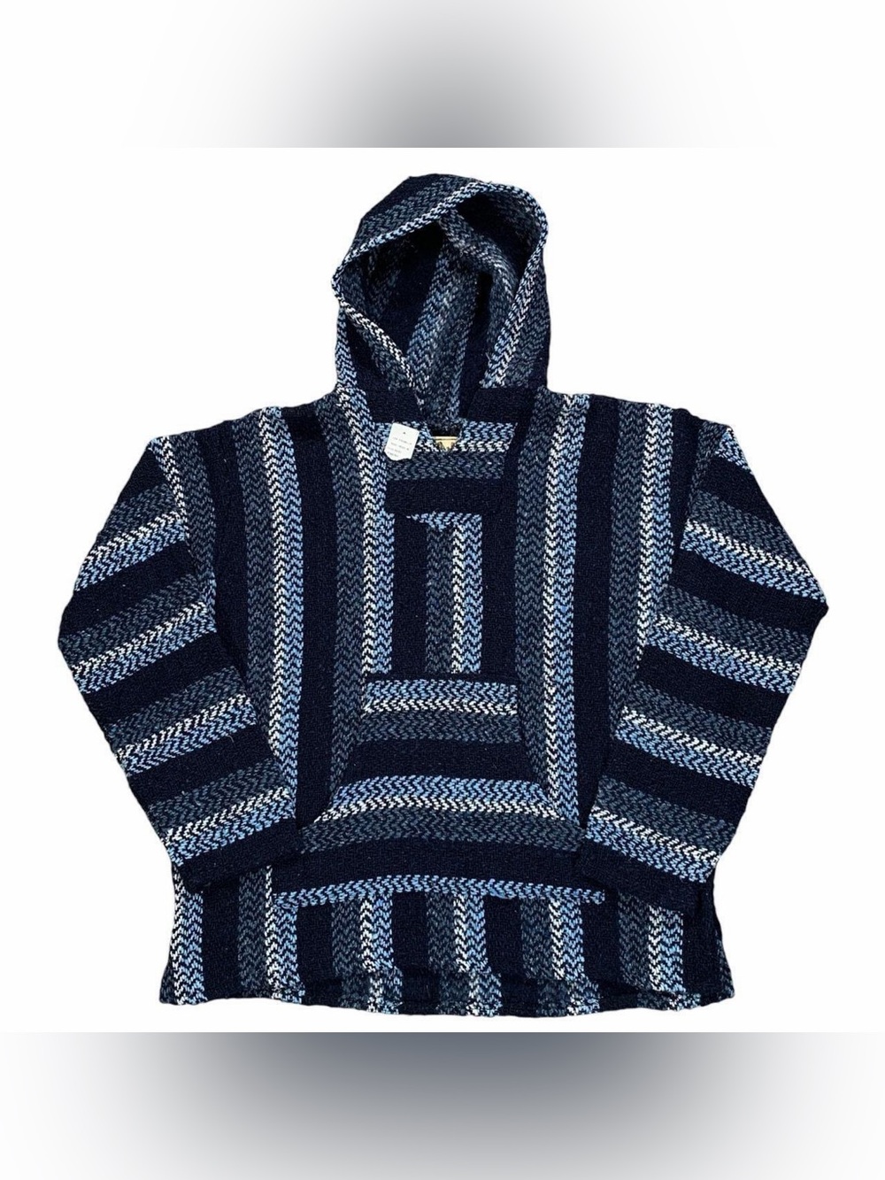 Vintage Baja Joe Dark Blue Light Blue & White Rasta Poncho Pullover Hoodie Sz S